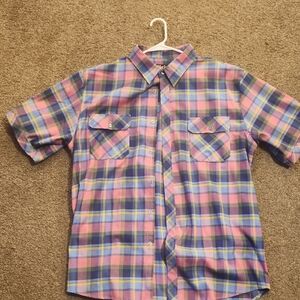 Plaid Short Sleeve Shirt - Blue and Pink